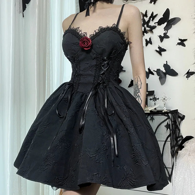 Goth Dark Tie Up Mall Gothic Elegant Women Dresses Grunge Aesthetic Jacquard A-Line Dress Emo Lace Trim Black Party Alt Clothes