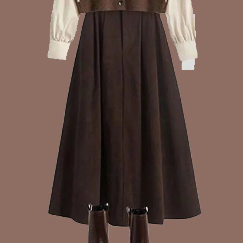 Autumn and Winter Women Set Vintage Plaid Vest Shirt Half Length British Style Coat Three Piece Set/single Piece Skirt