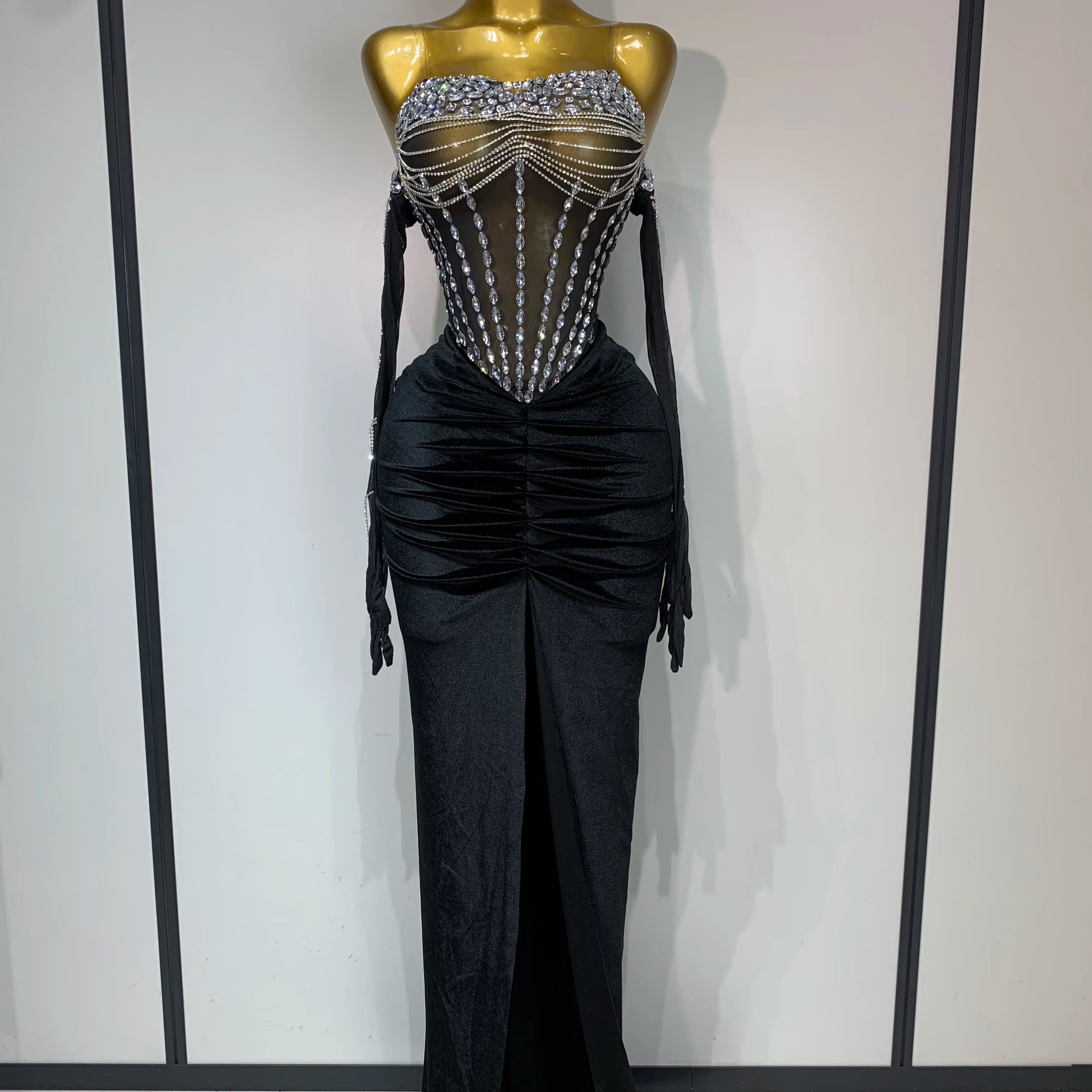 Women Sexy Strapless Rhinestone bodysuit Skirt Three Piece Set Celebrity Elegant Evening Party Birthday Dresses Stage Costume