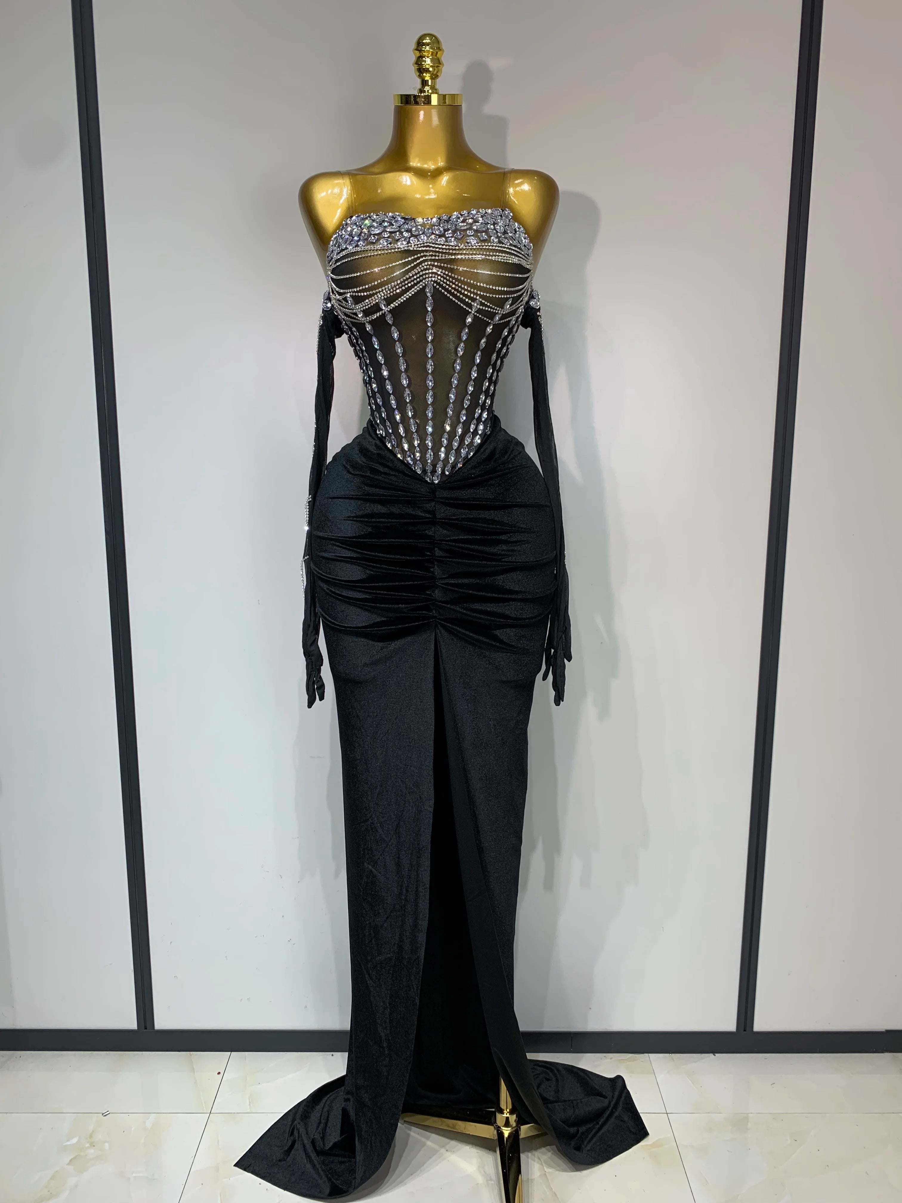 Women Sexy Strapless Rhinestone bodysuit Skirt Three Piece Set Celebrity Elegant Evening Party Birthday Dresses Stage Costume