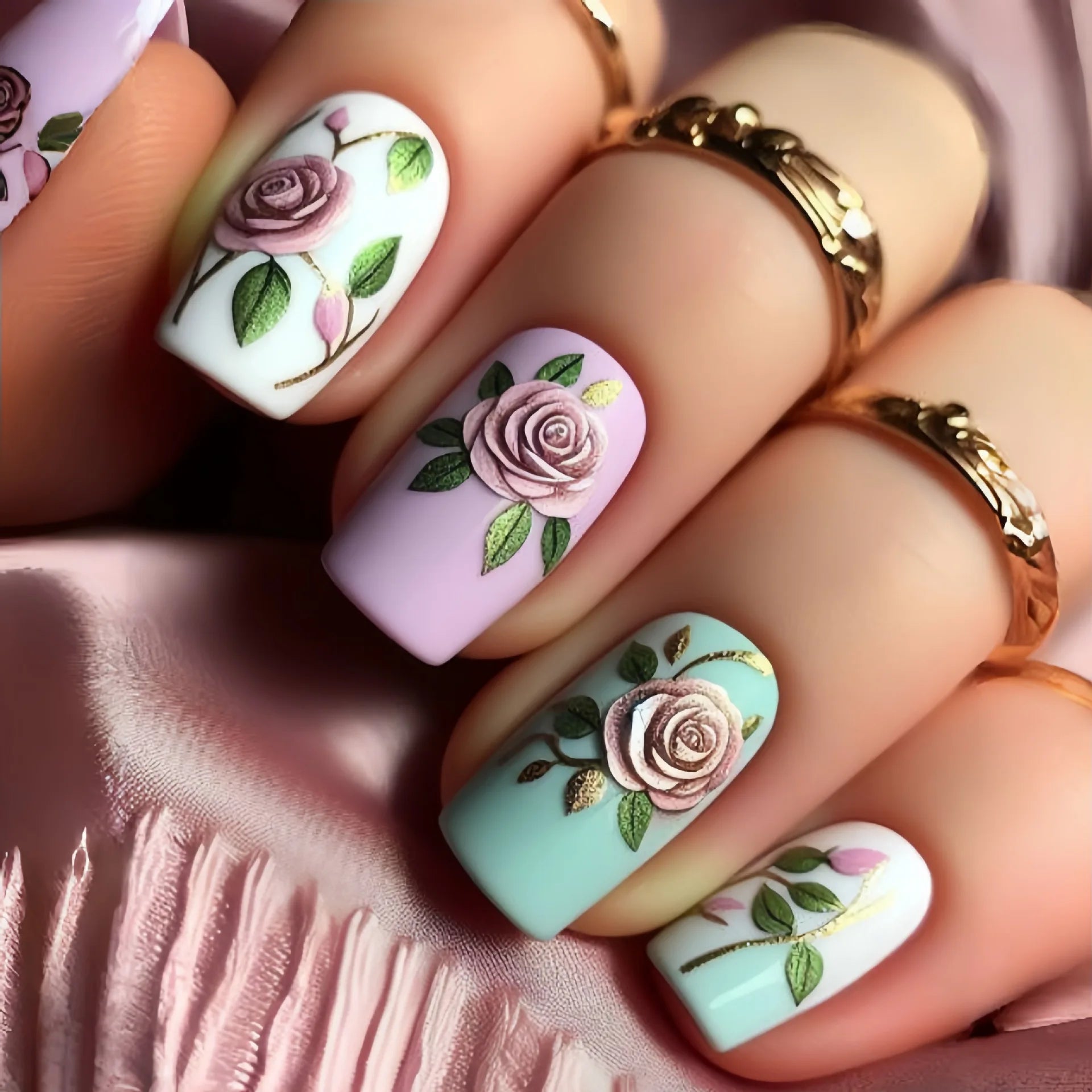 24pcs Acrylic Press on Nails Medium Green Flower Plants Pattern Fake Nails with Glue Ballet Full Cover Wearable False Nail Tips