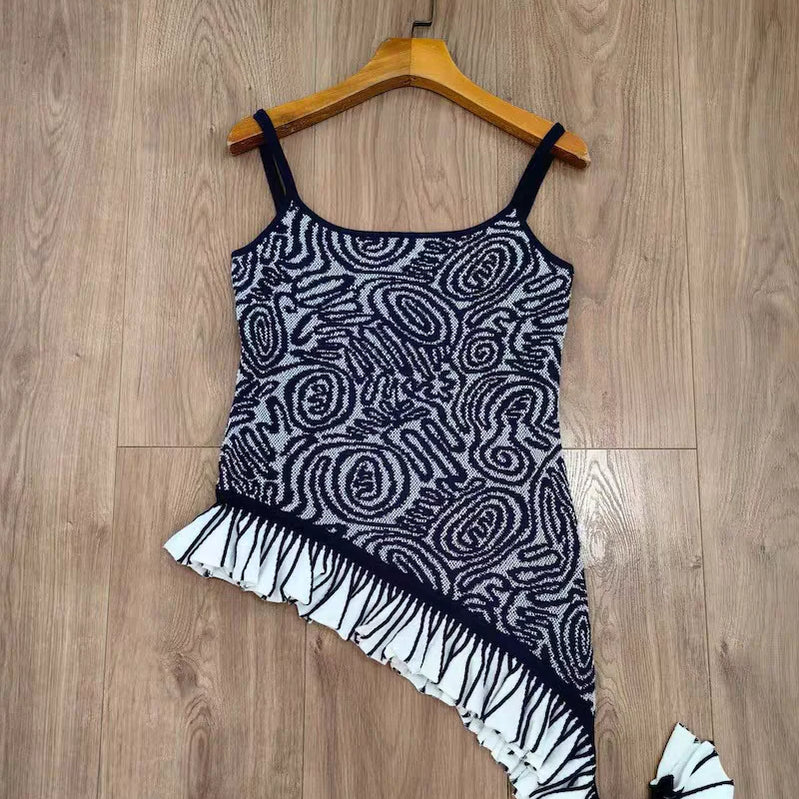 Women Retro Ruffles Edge Decoration Knitted Top+ Irregular Camisole+ Long Skirt