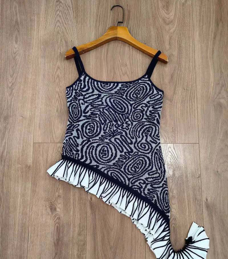 Women Retro Ruffles Edge Decoration Knitted Top+ Irregular Camisole+ Long Skirt