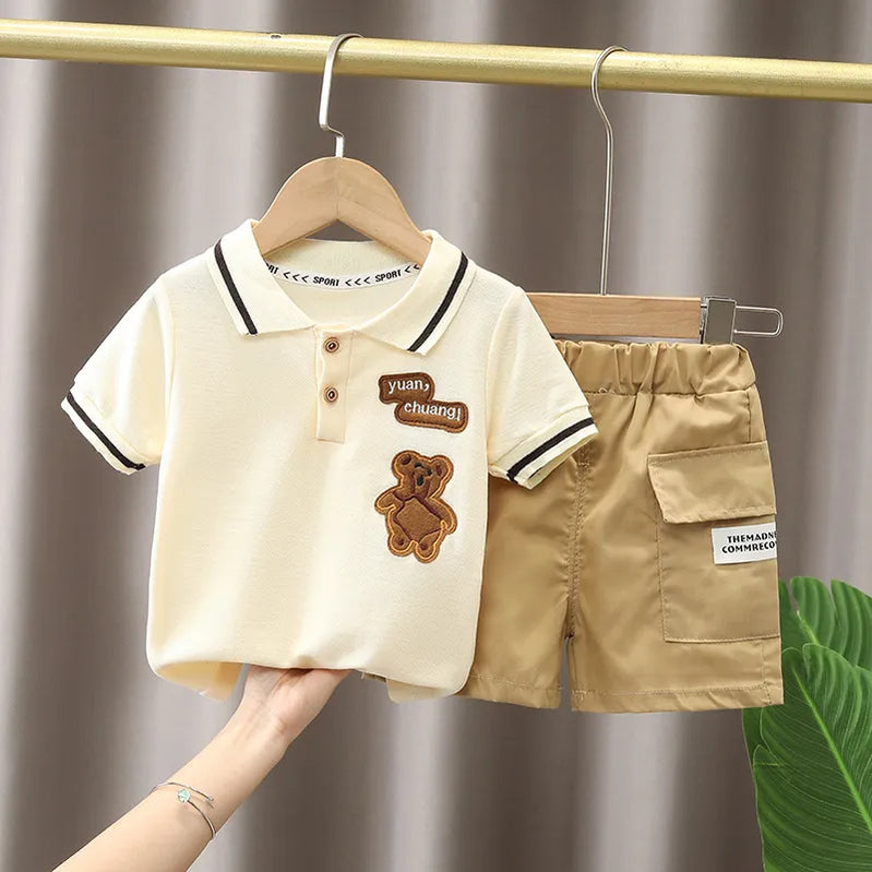 Summer Baby Boy Clothing Sets Fashion Bear Embroidery Short Sleeve T-shirt+Shorts Children 2Pcs Suit 1-5Y Girl Kids Sports Set