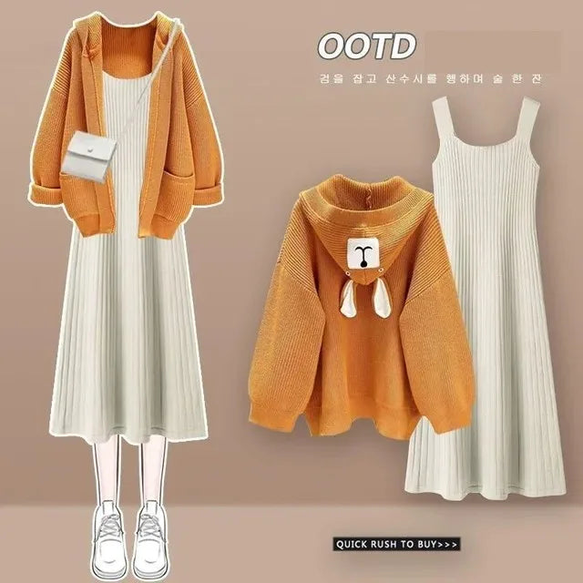 Autumn Winter New Knitted Dress Women Matching Set Korean Elegant Hooded Coat Sling Skirt Two Piece Female Casula Suit