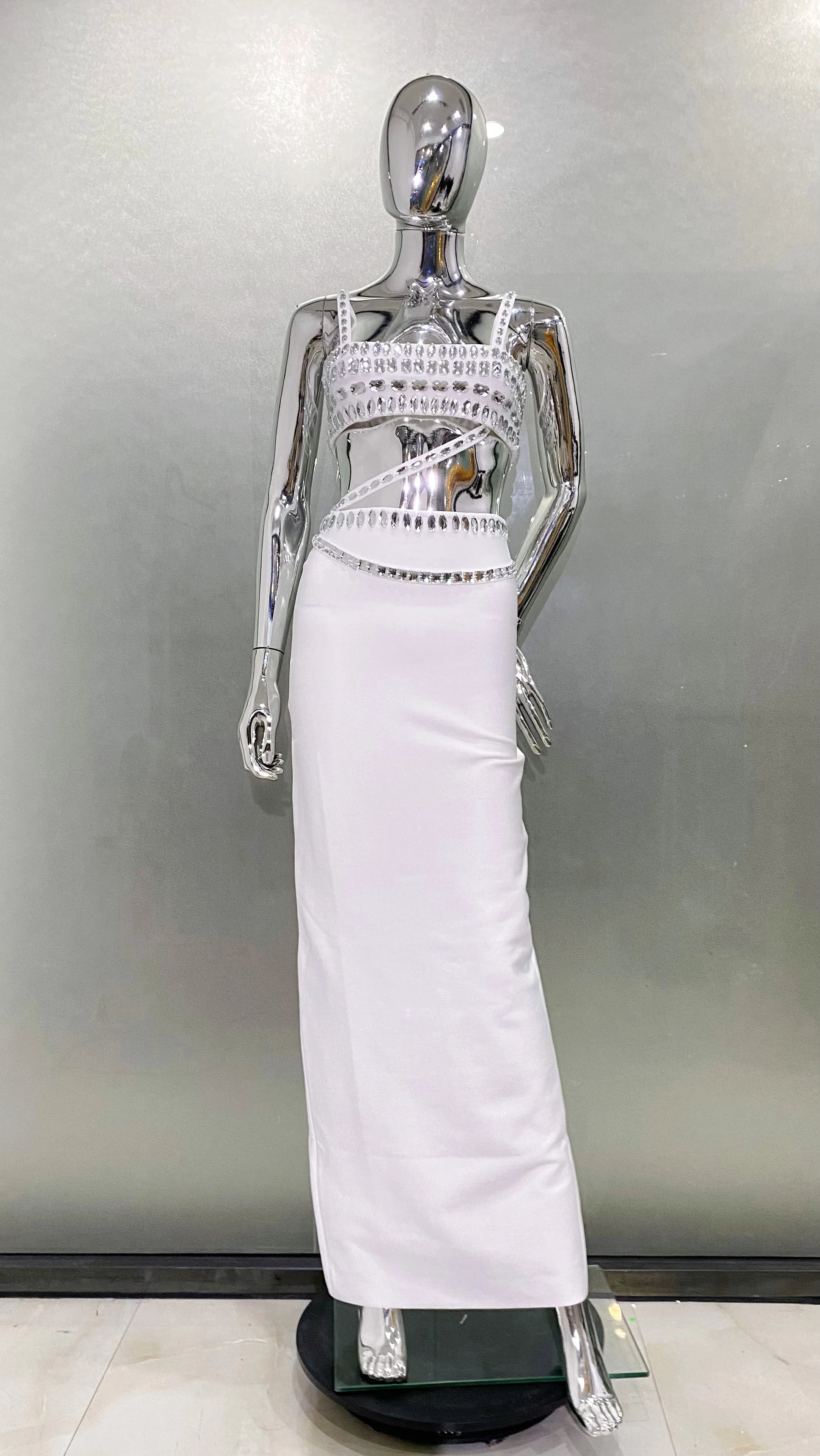 Sparkling Diamonds Woman Set Spaghetti Strap Top And Ankle Lenght Skirt  2 Pieces Evening Party Vestido Beach Vocation Outfit