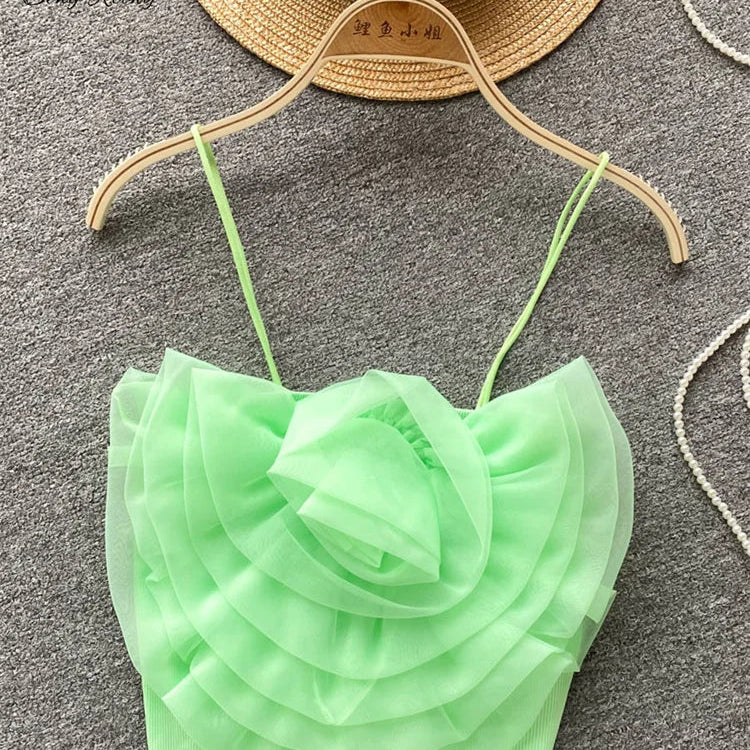 SINGREINY Female 3D Flowers Vacation Style Sexy Camis Summer Design Sheath Tops Women Solid Slim Short Streetwear Beach Camisole