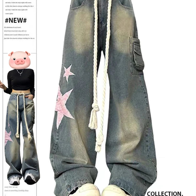 Naiset Baggy Star Jeans Vintage Harajuku Ylisuuri korkea vyötärö denimhousu 2000 -luvun Y2K 90 -luvun esteettiset leveät housut Toshy vaatteet