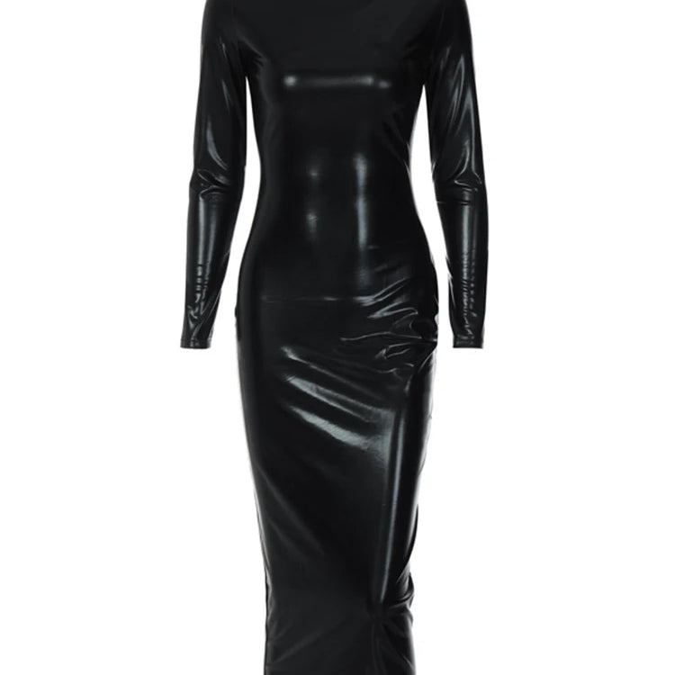 Dulzura Black Long Sleeve Pu Midi Dress For Women Bodycon Sexy Long Dress Streetwear Party Club Outfits Fall Winter Wholesale