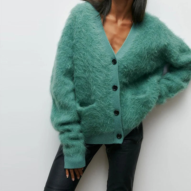 Casual Long Sleeve V-Neck Cardigan Women Autumn Winter Buttons-up Solid Coat Female Imitation Mink Sweater