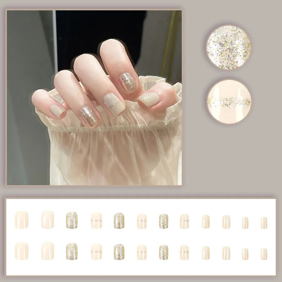 24pcs/set Short Medium fake nails for women girls gradient shiny glitters heart french Square almond tips Press on false nail