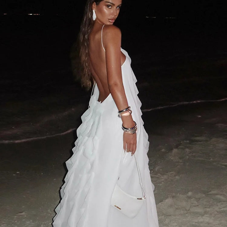 Sexy Ruffles Backless Long Dress Women Y2K Off Shoulder Lace Up Sleeveless White Dresses 2025 Summer Beach Party Loose Robes