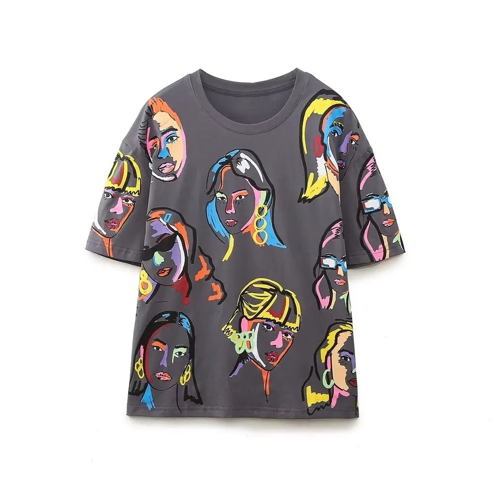 Women Fashion Contrast Color Girls Print Casual T Shirt Female Basic O Neck Short Sleeve Chic Leisure Tops T3069 FH T3069CC