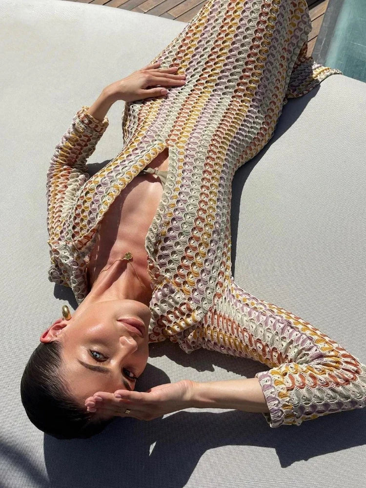 WeiYao Handmade Crochet Multi-color Hollow Out Split Maxi Dress for Women Deep V Long Sleeve Elegant Bohemian Sexy Bodycon Dress
