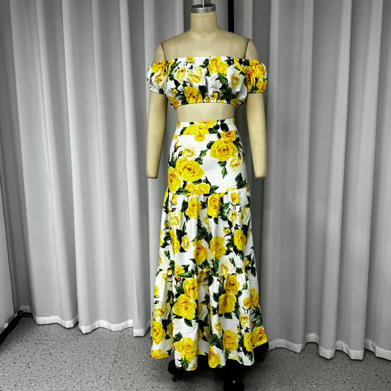 Wefads 2 Piece Set Women Stylish Floral Elegant Printed Puff Sleeve High Waist Off Shoulder Top Loose Pleated Long Skirt Sets