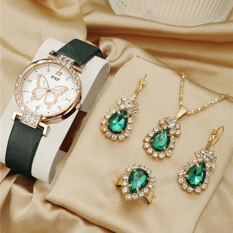 New Korean Fashion Simple Belt Quartz Watch Women's Edition+Jewelry Three Piece Set green