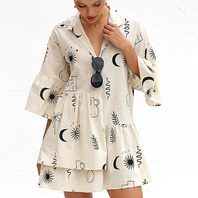 Print Flare Sleeve Ruffled Mini Women's Dress Elegant Shirt Collar Button Vestidos Spring Casual Loose Beach Female Dresses Figure Color 2