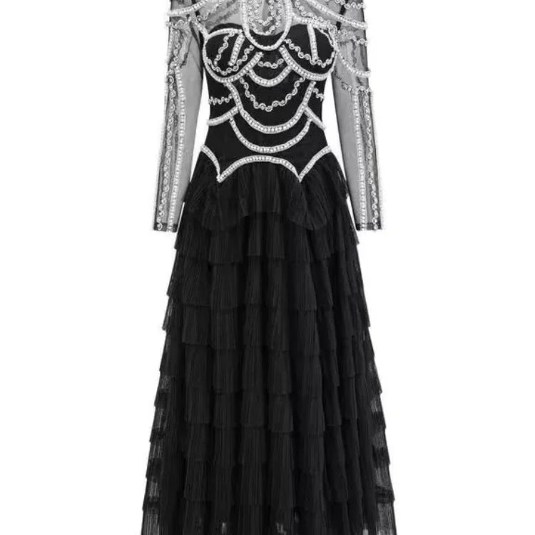 Shining Diamonds Pearl Beading Sexy See Through Mesh Ball Gown Dress Woman Birthday Party Vestido Celebrity Party Outfit