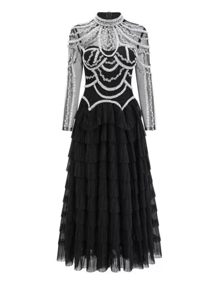 Shining Diamonds Pearl Beading Sexy See Through Mesh Ball Gown Dress Woman Birthday Party Vestido Celebrity Party Outfit