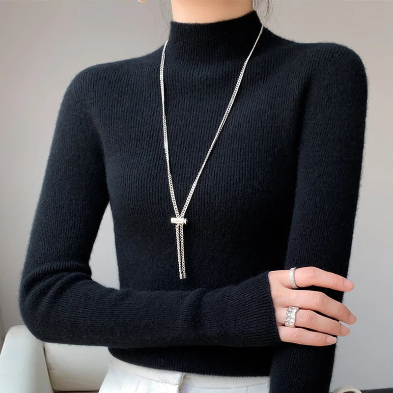 2022 Autumn and Winter Women's Cashmere Sweater Pullover Half Turtleneck Casual Fashion Pure Color High Quality Warmth Comfort black