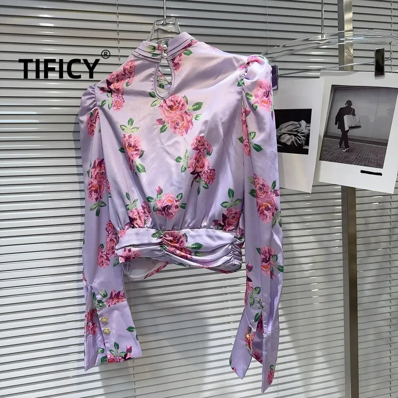 High Street Fashion Blouses Top Women's Autumn French Socialite Bow Collar Flower Print Bubble Sleeve Shirt Tops Blusa