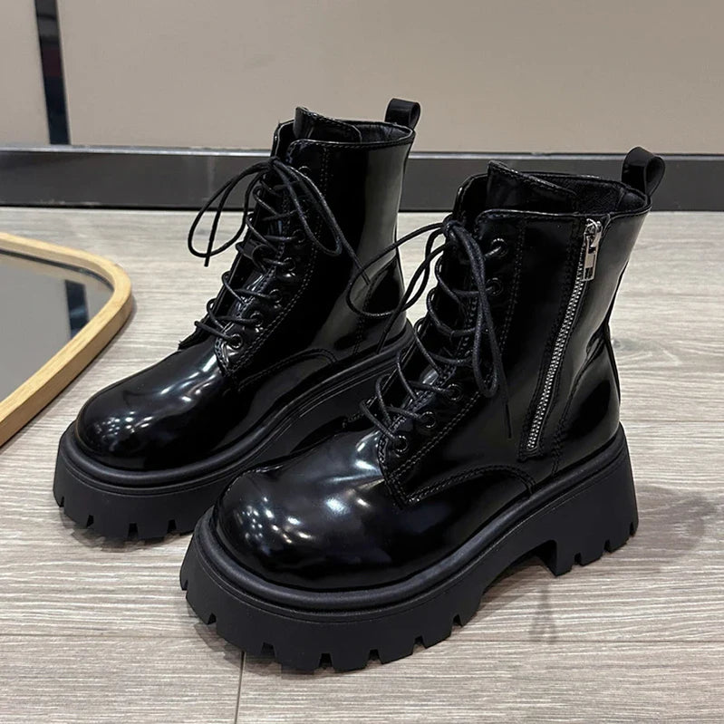Chunky Platform Women's Ankle Boots Autumn Black Patent Leather Motorcycle Boots Woman Gothic Thick Bottom Combat Booties