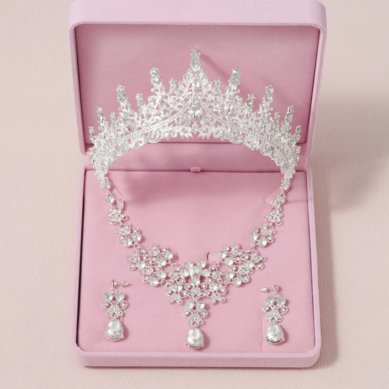 Bridal Jewelry Sets Crown Necklace Earrings Four Pack Silver Colour Women's Fashion Wedding Tiaras TS-0002-I-XL-0010-A Tiaras