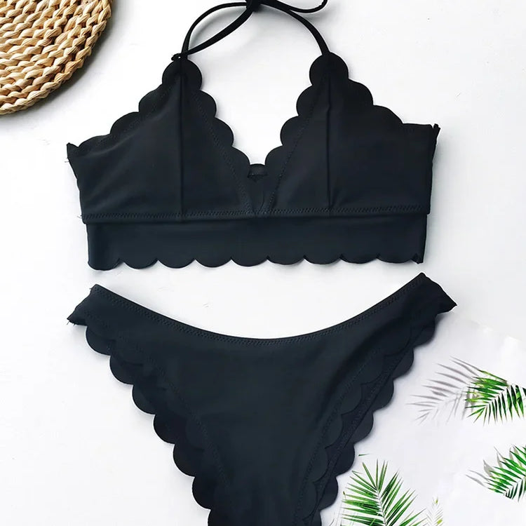 Sexy Scalloped Marble Print Bikini Women Bandeau Swimwear Female Swimsuit Two-pieces Bikini set Knotted Bather Bathing Suit Swim B644Black