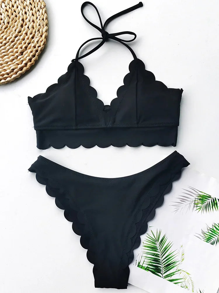 Sexy Scalloped Marble Print Bikini Women Bandeau Swimwear Female Swimsuit Two-pieces Bikini set Knotted Bather Bathing Suit Swim B644Black