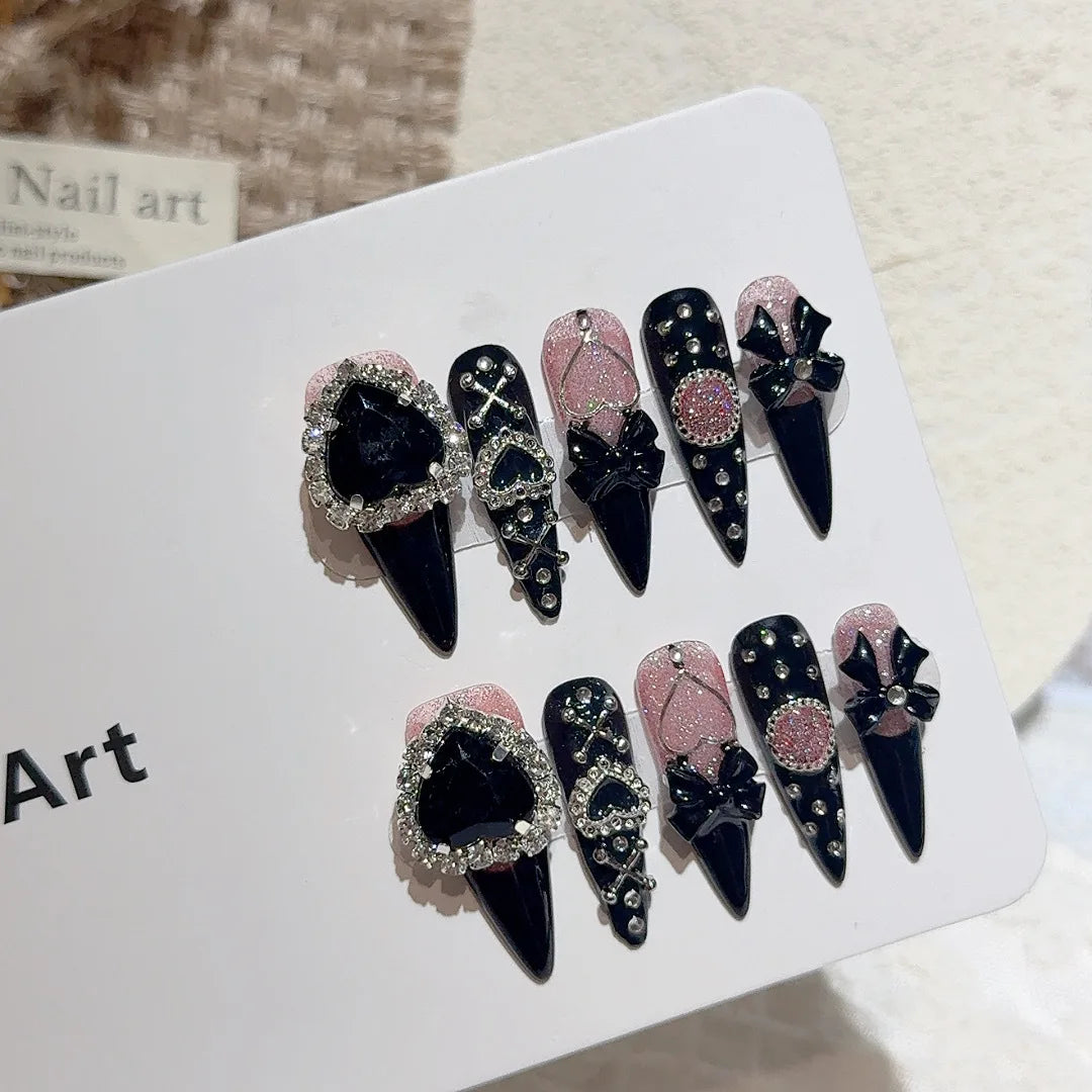 10Pcs Light Luxury Long Dark Black False Nails Pink Glitter Spice Girls Wearing Manicure 3D Bow Rhinestone Fashion Acrylic Nails