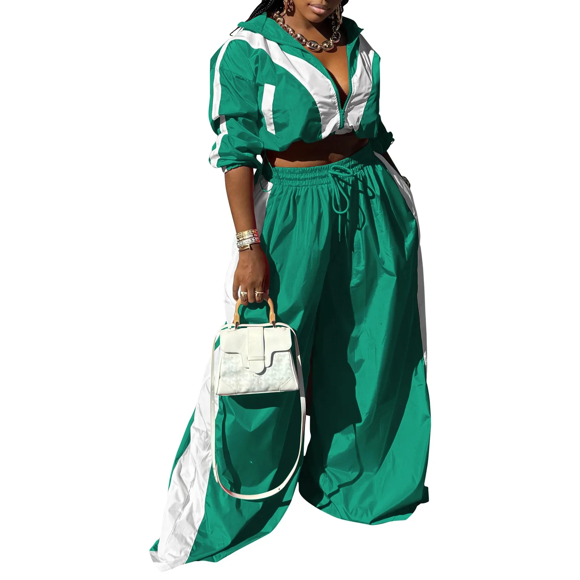 CM.YAYA Active Patchwork Women's Set Zipper Sweatshirt Jacket and Wide Leg Pants Suit 2025 INS Two 2 Piece Sets Outfit Tracksuit Green