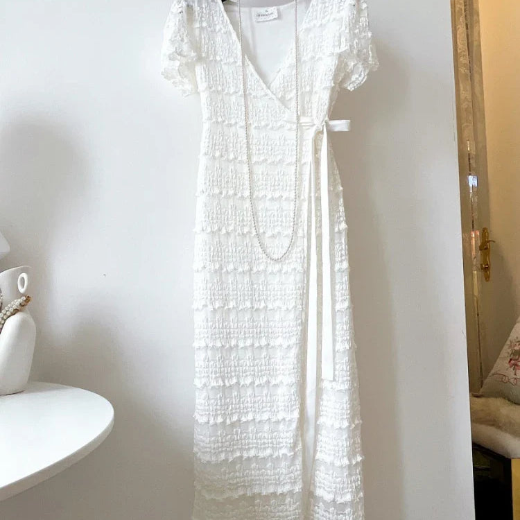 Women Elegant Bodycon Dress Summer Sexy V-neck Short Sleeve Korean Long Dresses Ladies Vintage Solid White Black Long Robe