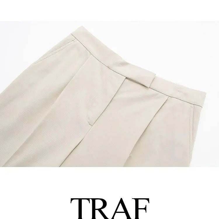 TRAF Spring Women's Fashion Beige Blazer Suit Single Breasted Jacket Women's High Waist Casual Baggy Pants 2-piece Set