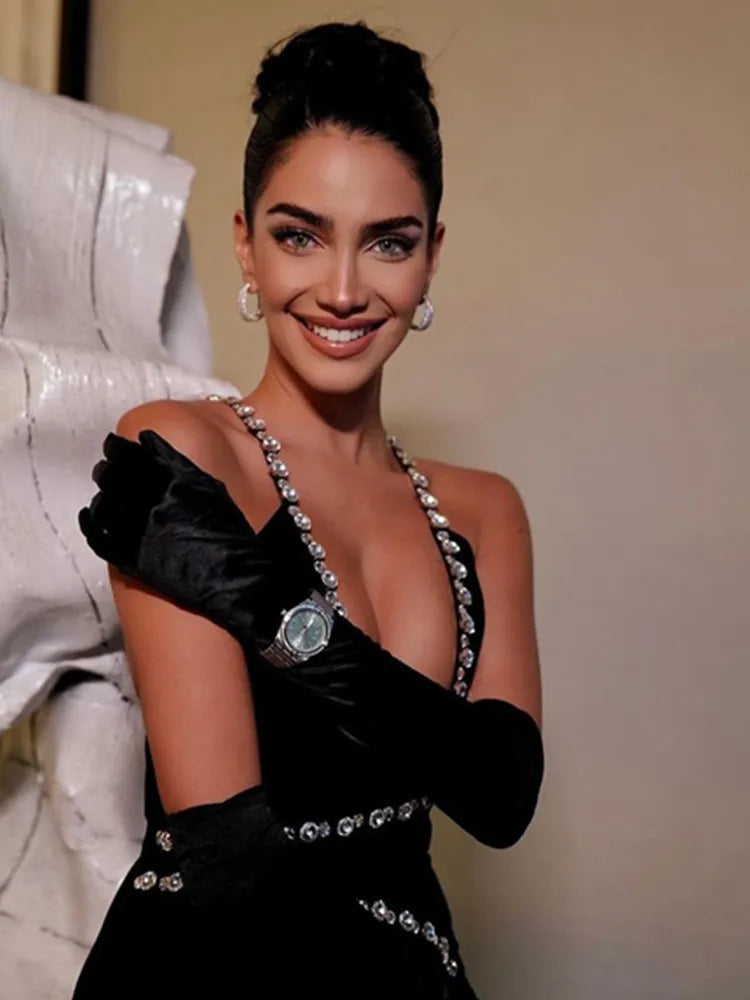 Women Luxury Sexy Backless Sequined Sparkly Split Black Midi Bodycon Bandage Dress 2022 Elegant Evening Club Party Dress