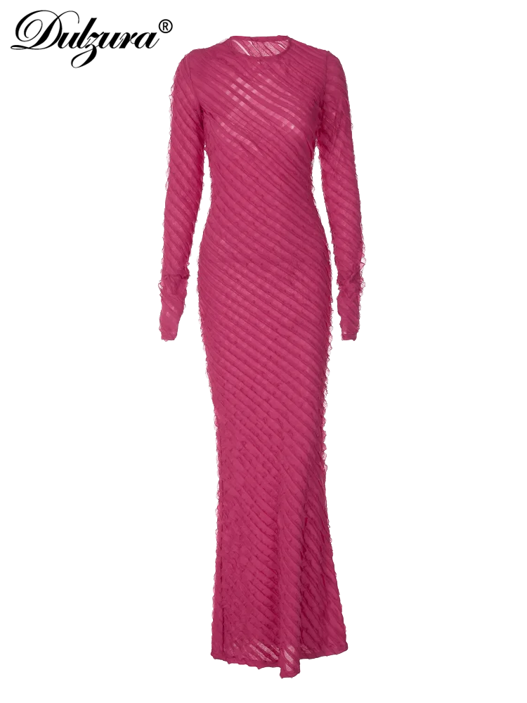 Dulzura Solid Pure Color 3D Ruched Long Sleeves Maxi Dress 2024 Summer Autumn For Women Sexy Clubwear Wholesale Drop Shipping