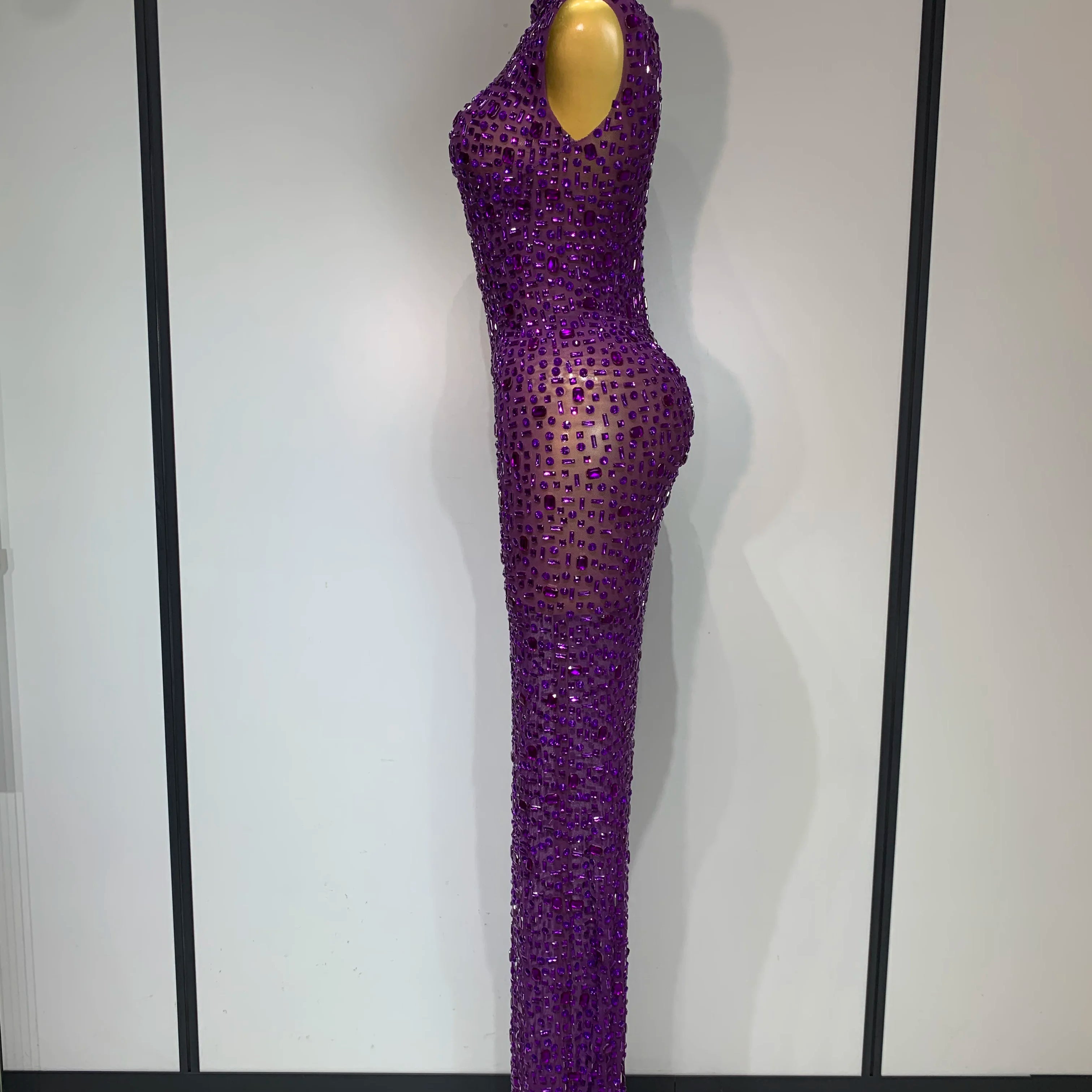 Sparkly Rhinestone Sleeveless Stretch Long Dress Women Sexy Mesh Celebrate Evening Prom Luxury Birthday Dress Evening Party Wear