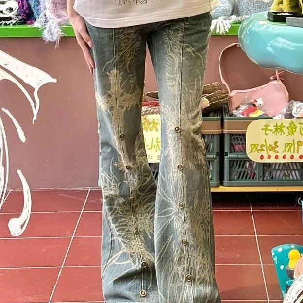 American Vintage High Waist High Street Style Blue Straight Jeans Pants Women's Wide Leg Print Baggy Y2K Retro Denim Trouser Blue