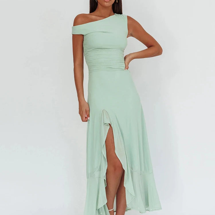 Sleeveless Ruffled Split Maxi Dress For Women Gown Mesh O Neck Oblique Shoulder Backless High Waist Slim Fit Club Dress
