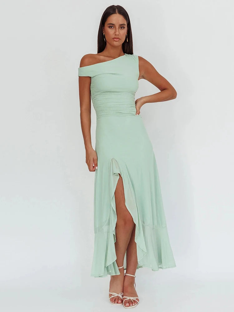 Sleeveless Ruffled Split Maxi Dress For Women Gown Mesh O Neck Oblique Shoulder Backless High Waist Slim Fit Club Dress