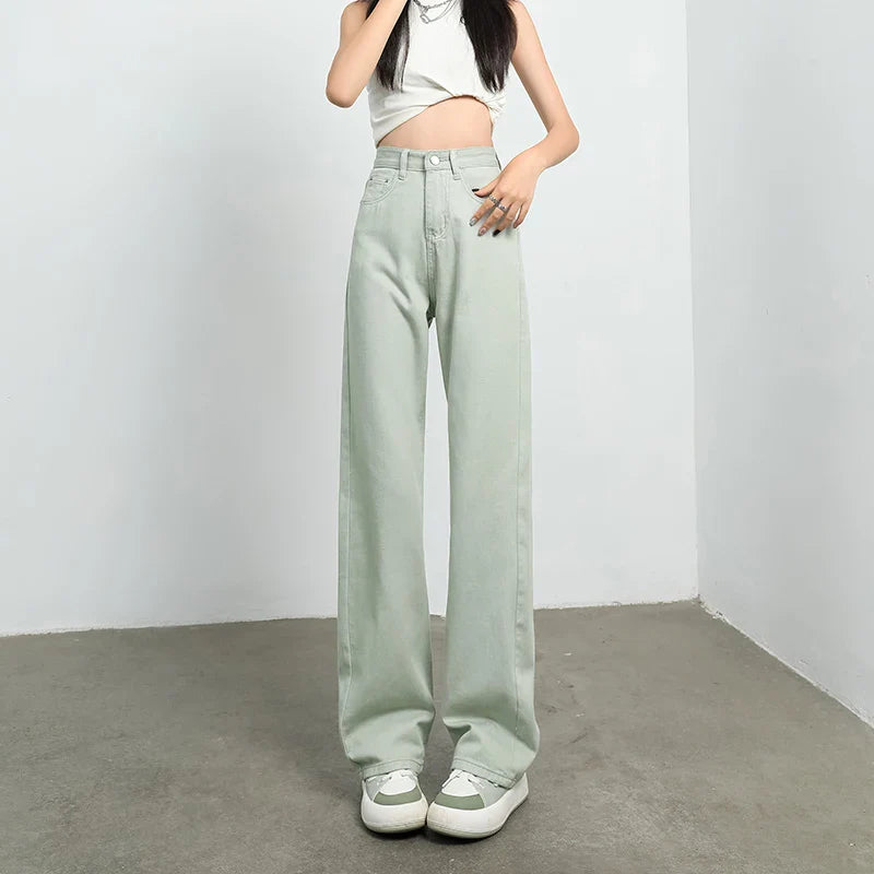 Jeans Women's High Waist Straight Wide Leg Cotton Y2K Denim Clothing Streetwear Vintage Fashion Pants Blue White Leisure Trouser