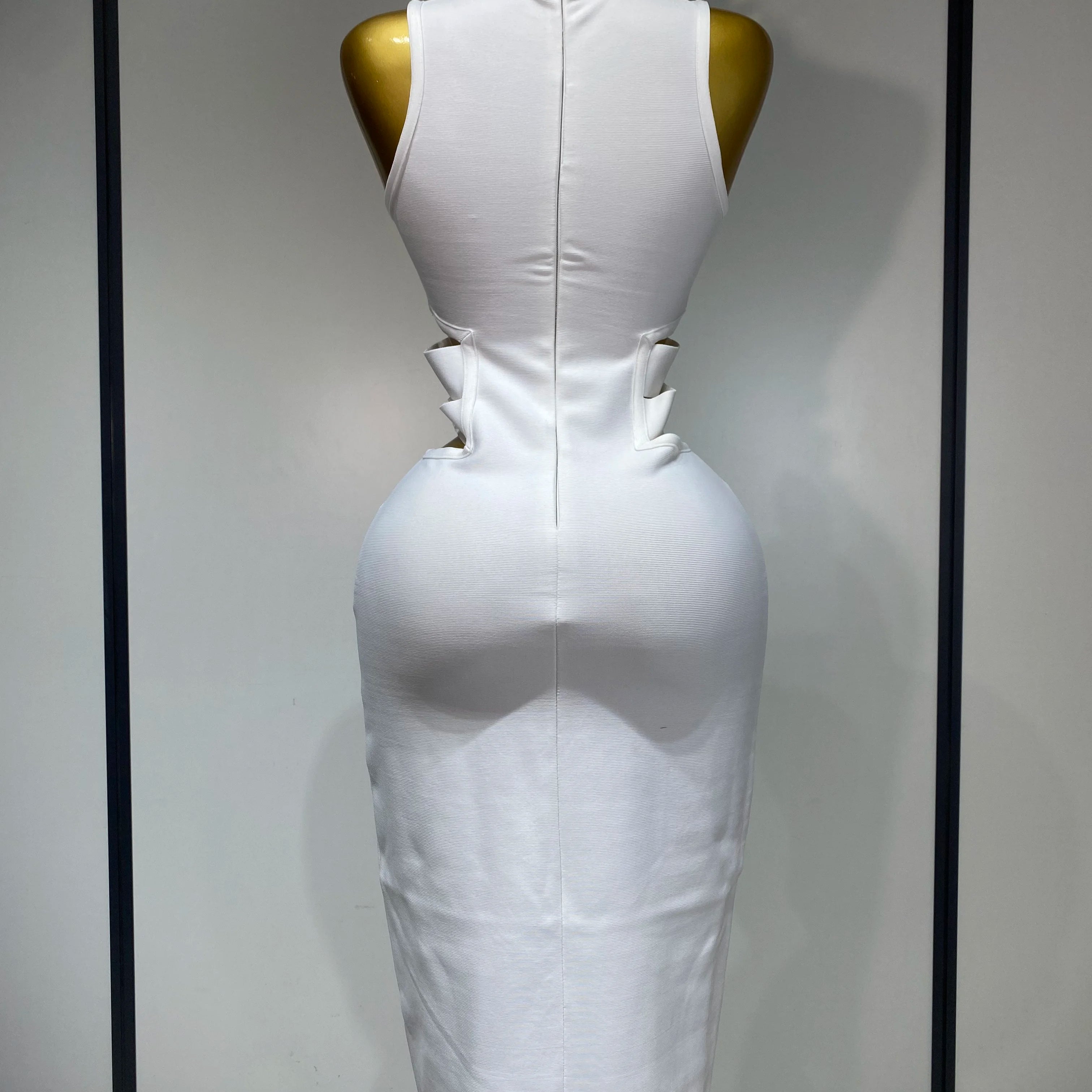 Women Sexy Turtleneck White Cut Out Midi Bodycon Bandage Dress 2025 White Elegant Evening Party Dress Luxury Birthday Dress
