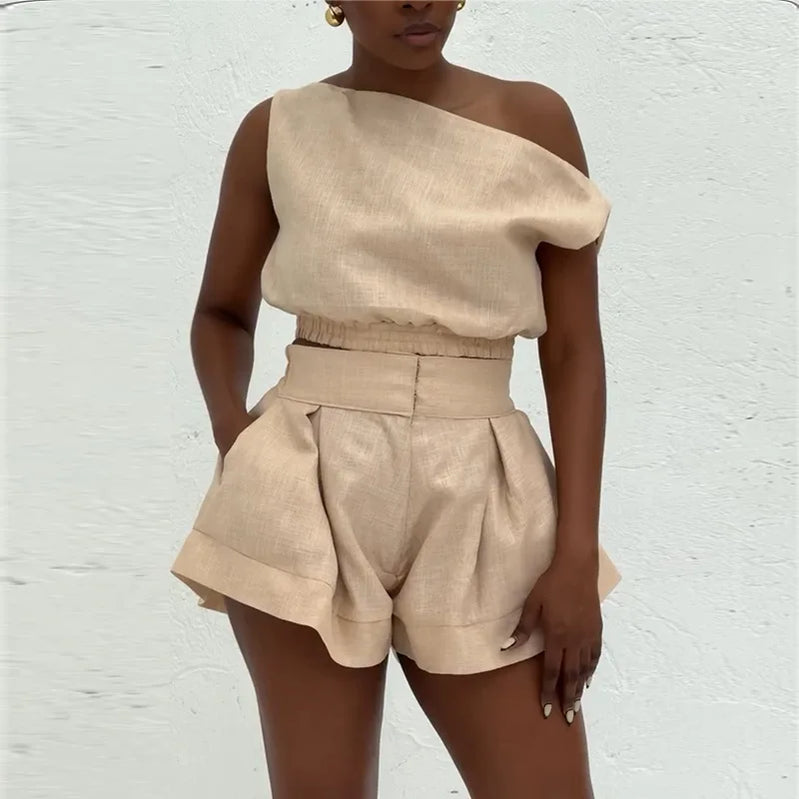 CM.YAYA Fashion Women's Set Off Shoulder Sleeveless Blouse Shirt Top and Flare Shorts Suit 2025 Street Two 2 Piece Sets Outfits