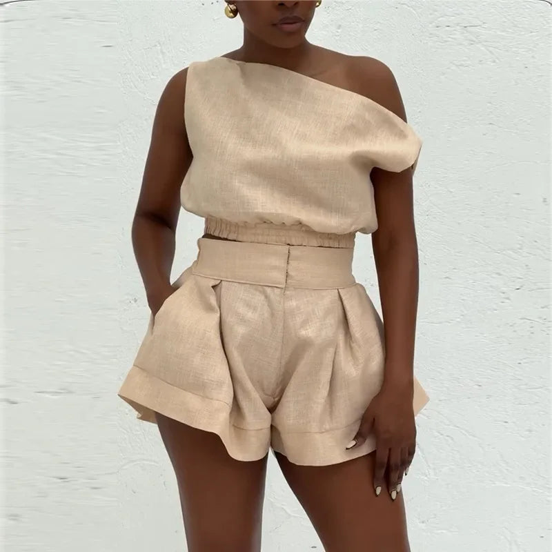 CM.YAYA Fashion Women's Set Off Shoulder Sleeveless Blouse Shirt Top and Flare Shorts Suit 2025 Street Two 2 Piece Sets Outfits