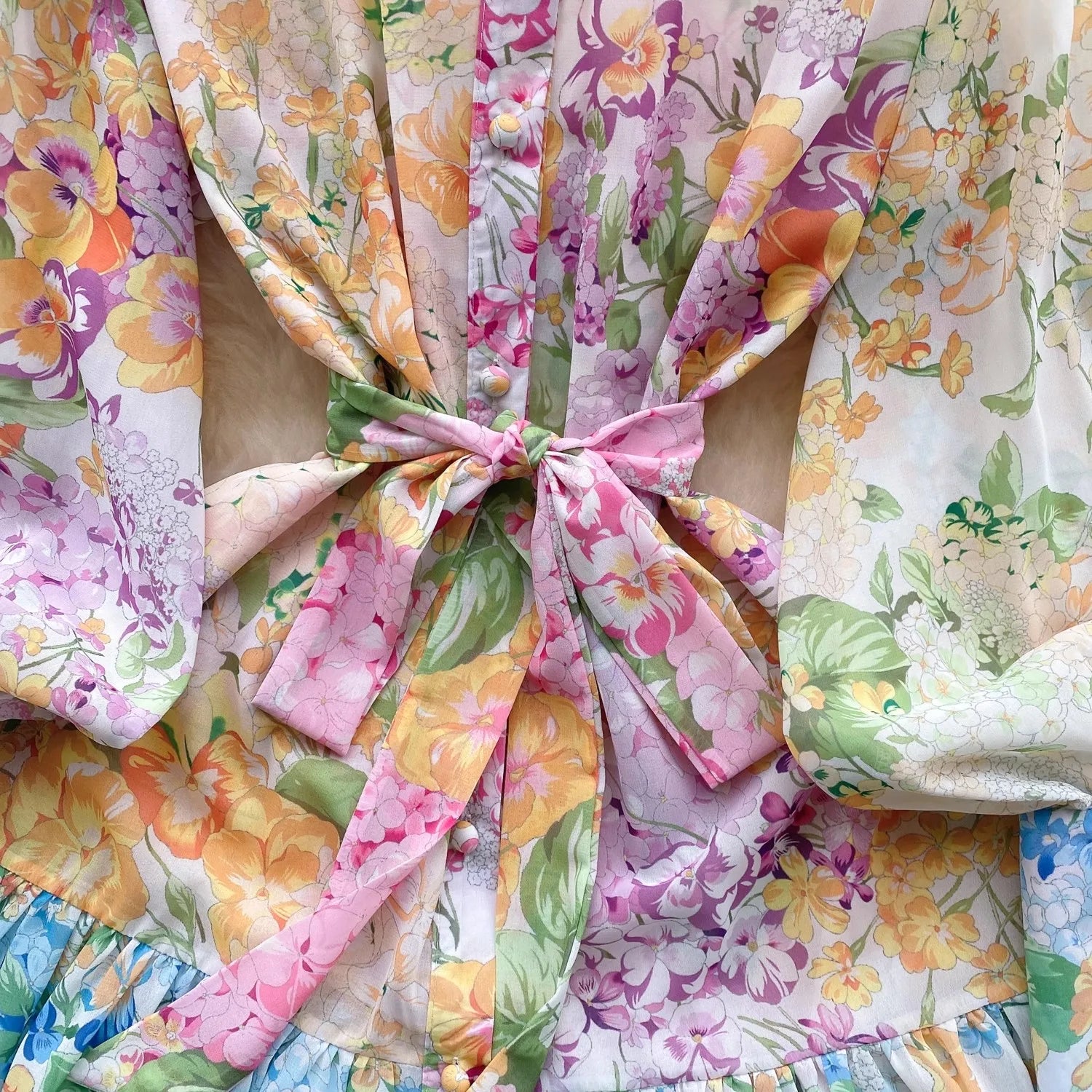 New Summer Holiday Beach Short Dress Women's Stand Long Lantern Sleeve Floral Print Sashes Lace Up Chiffon Loose Vestidos 6362