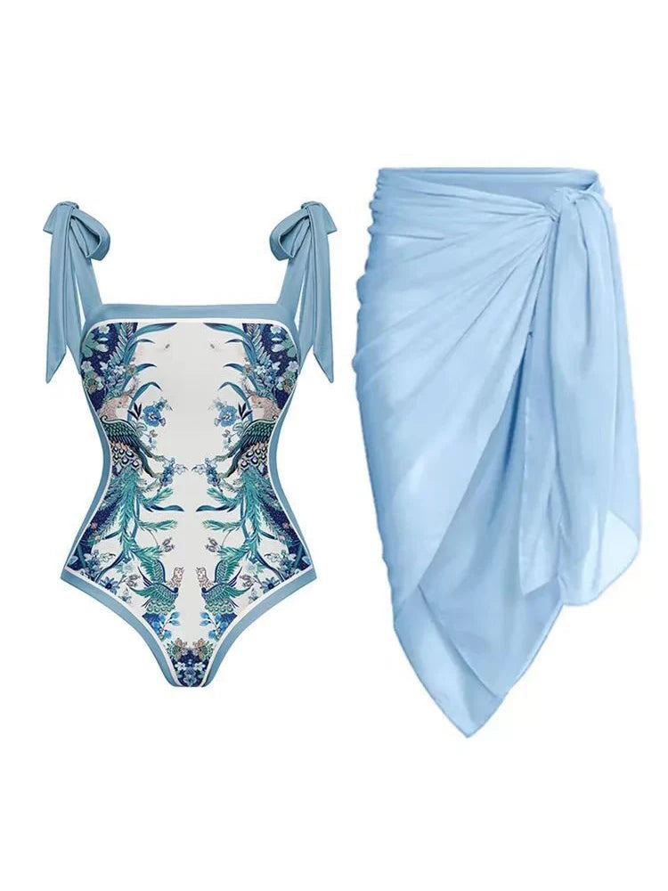 2024 New Fashion Double Sided Printed Lace Up One Piece Swimsuit Women 2023 Sexy High Waisted Lace Up Bikini Swimsuit Cover Up Flying Bird 1 CHINA