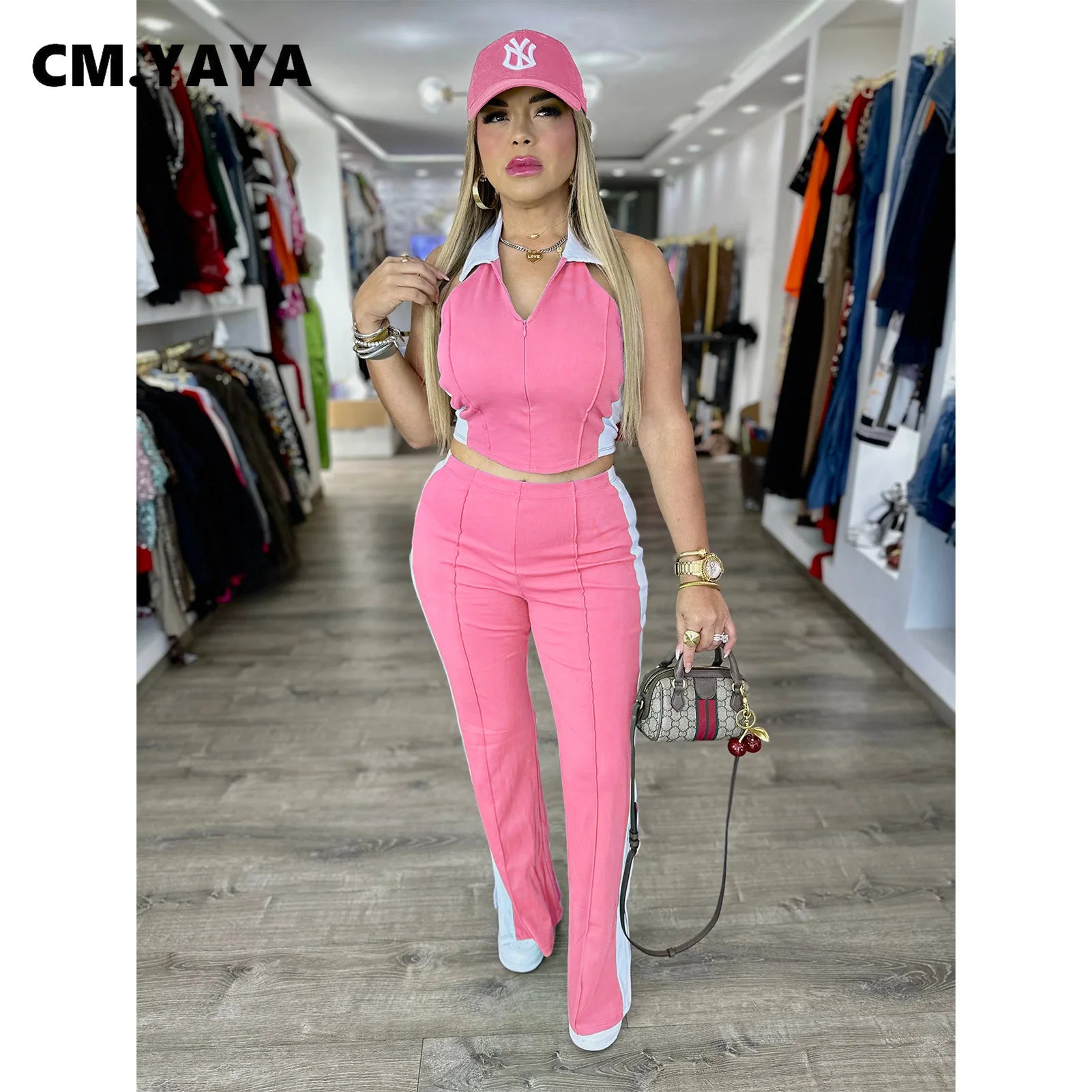 CM.YAYA Sporty Patchwork Women's Set Sleeveless Polo-tank Tops and Slit Flare Pants 2025 Active Two 2 Piece Set Outfit Tracksuit