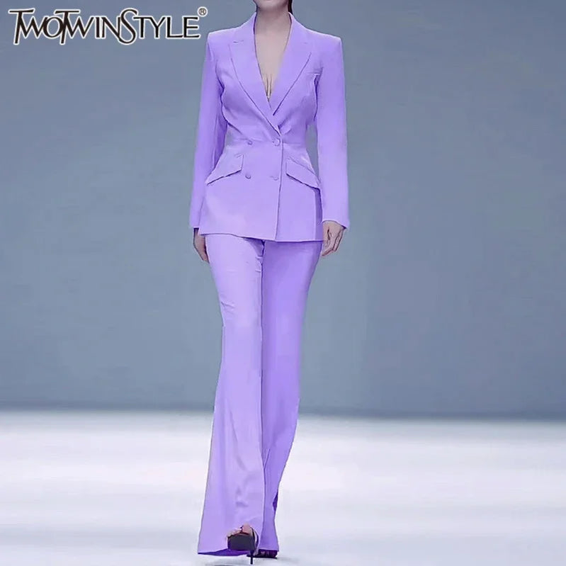 TWOTWINSTYLE Solid Two Piece Sets for Women Notched Collar Long Sleeve Spliced Double Breasted Blazer High Waist Pant Set Female