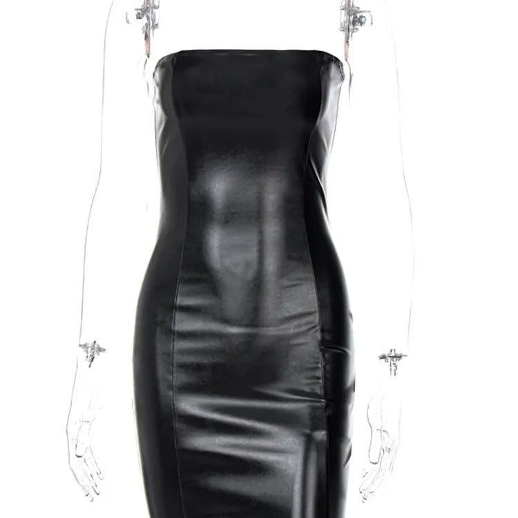 Pu Faux Leather Tube Mini Dress For Women Bodycon Sexy Streetwear Party Club Y2K Clothing Outfits Festival