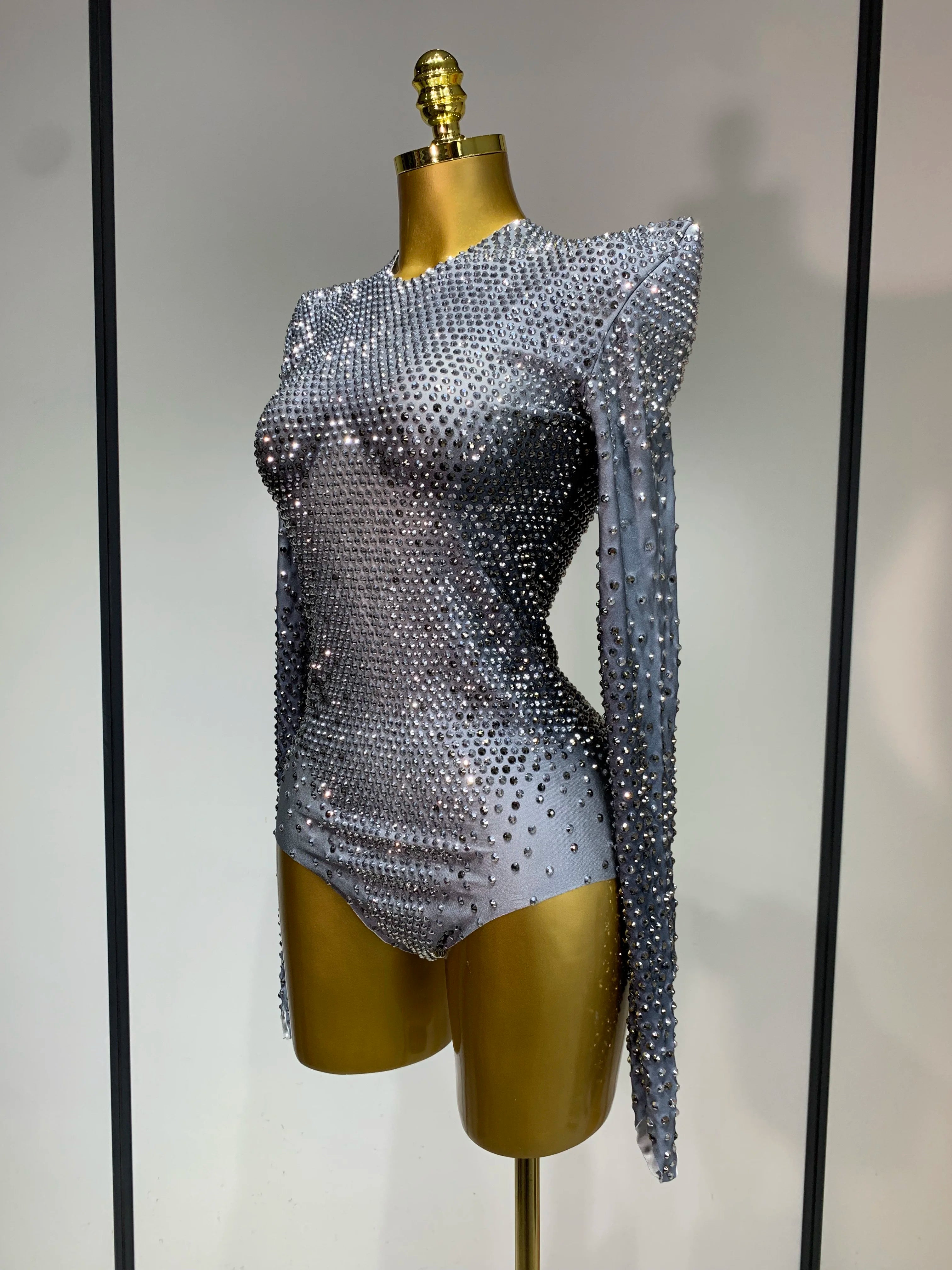 Sparkle Silver Rhinestones Stretch Bodysuits 2025 Women Luxury Birthday Evening Party Sexy Nightclub Singer Stage Costume