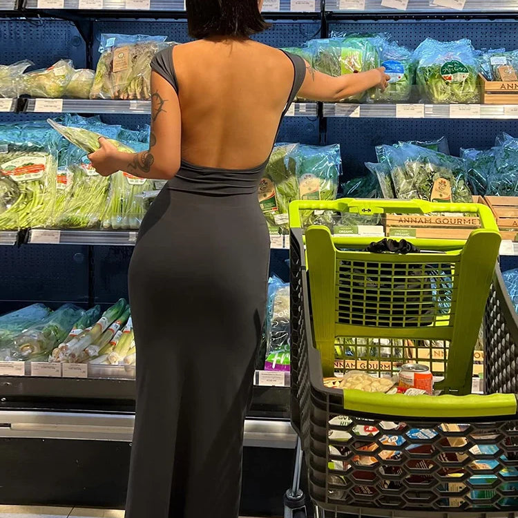 Cutenew Elegant Short Sleeve Bodycon Maxi Dress O-neck Solid Women's Backless Summer Sexy Streetwear Stretch Robe Lady Dresses